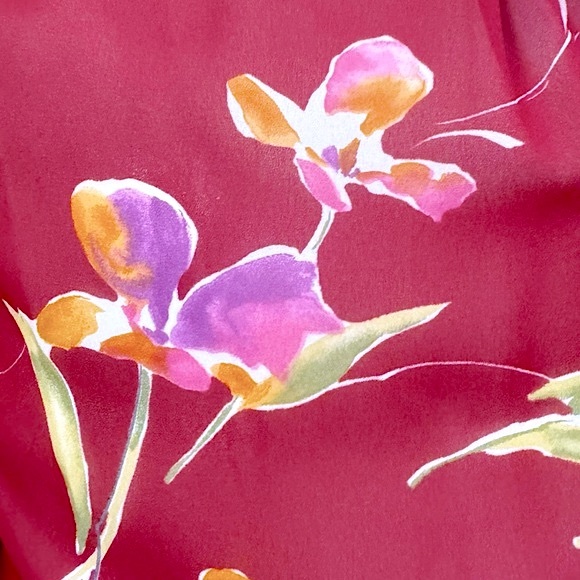 VINTAGE Sheer Brick Red Floral Ruffle Neck Short Sleeve Button Up Blouse - Picture 5 of 6